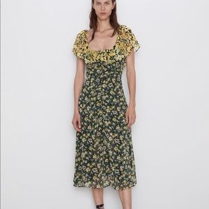 Zara Woman Flowing Gathered Yellow Floral Dress